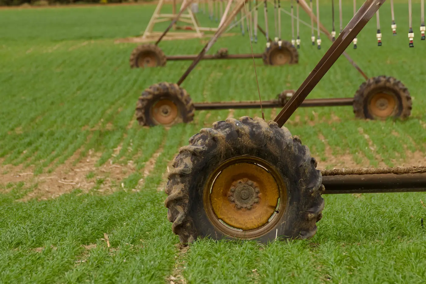 Close-up of a center pivot tower's drive wheel and gearmotor frame in a green field.